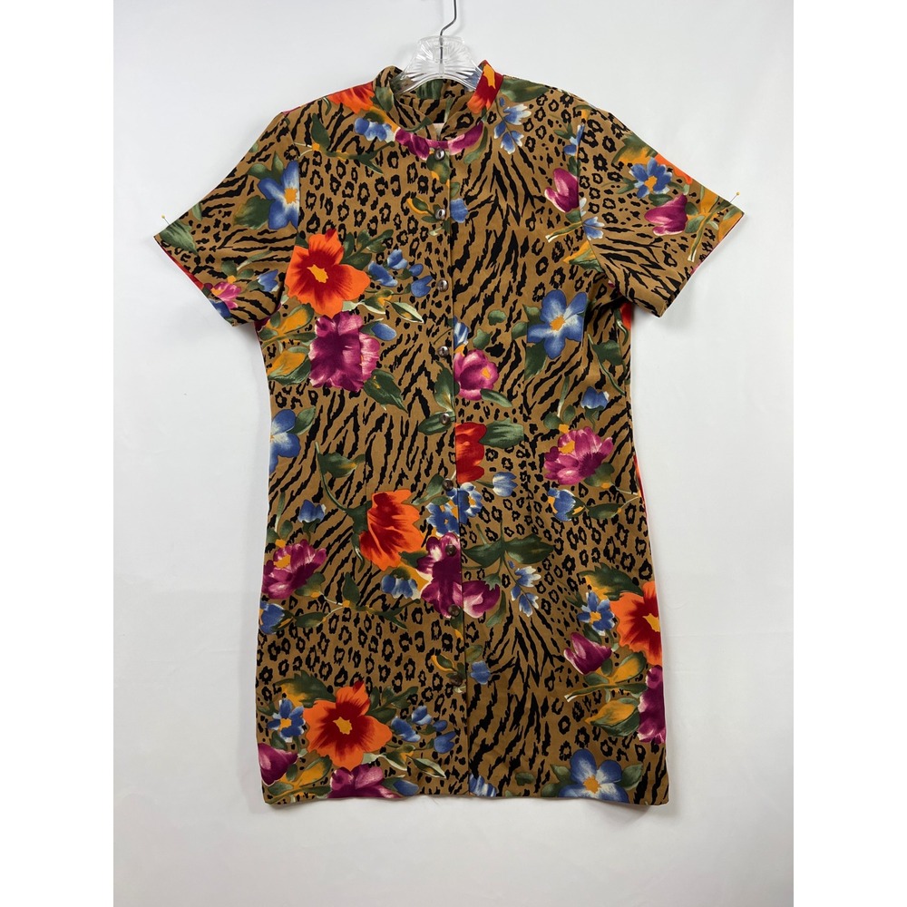 Kathie Lee Collection Dress Women 12 Brown Floral Leopard Print Button Front 90s